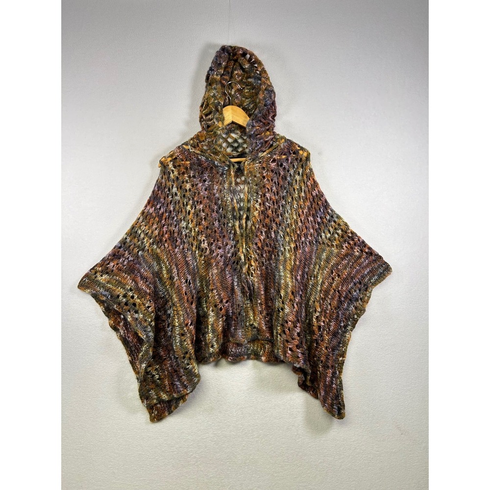 Express Hooded Poncho Women Medium Multicolor Metallic Wool Blend Open Knit Boho